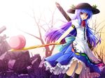  akashio_(loli_ace) blue_hair food fruit hat hinanawi_tenshi long_hair peach red_eyes solo sword sword_of_hisou touhou weapon 