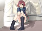  blush bow braid convenient_leg darker_than_black feet foreshortening green_eyes hands legs red_hair satou_atsuki school_uniform single_braid sitting skirt socks solo suou_pavlichenko sweat 