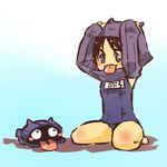  :p black_hair blue_eyes blush blush_stickers detached_sleeves gen_1_pokemon hands_on_own_head hitec hood kneeling moemon one-piece_swimsuit personification pokemon pokemon_(creature) school_swimsuit shadow shellder simple_background smile swimsuit tongue tongue_out 