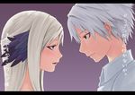  1girl blush collared_shirt couple dress_shirt from_side gwendolyn hair_down head_tilt hetero kaneko_masaru long_hair odin_sphere oswald_(odin_sphere) profile shirt silver_hair text_focus translated upper_body white_hair white_shirt 