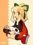  blonde_hair green_eyes handheld_game_console playstation_portable red_skirt rockman rockman_(classic) roll shisui skirt solo 