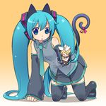  akitsu_mikami all_fours animal_ears aqua_hair bell blonde_hair blue_eyes blue_hair blush body_blush bow cat_ears cat_tail chibi detached_sleeves gradient gradient_background hair_bow hair_ornament hair_ribbon hairclip hatsune_miku headset highres kagamine_rin long_hair multiple_girls necktie orange_background ribbon short_hair skirt tail tail_bell tail_ribbon thighhighs triangle_mouth twintails very_long_hair vocaloid zettai_ryouiki 