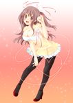  ahira_yuzu bad_id bad_pixiv_id breasts brown_eyes brown_hair cleavage dress flower hair_ribbon heart high_heels highres large_breasts legs long_hair original pantyhose print_legwear red_footwear ribbon rose shoes smile solo sparkle star star_print 