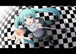  :d aqua_eyes aqua_hair boots checkered detached_sleeves foreshortening from_above hands hatsune_miku kazami_fukashido letterboxed long_hair microphone open_mouth outstretched_arm outstretched_hand reaching smile solo tears thigh_boots thighhighs twintails vocaloid 