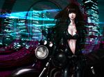  belt black_hair bodysuit bra brown_hair center_opening ground_vehicle leather lingerie long_hair megabani megurine_luka motor_vehicle motorcycle navel solo tattoo underwear vocaloid 