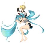  1girl aqua_hair barefoot hatsune_miku kagamine_len long_hair midriff moriyama_yuuki saliva sleeping very_long_hair vocaloid 