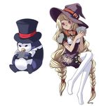  bird blonde_hair braid card copyright_request glasses hat holding holding_card juke long_hair penguin red_eyes sitting solo thighhighs top_hat twin_braids very_long_hair white_legwear witch_hat 