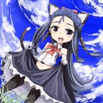  animal_ears bad_id bad_pixiv_id cat_ears cat_tail cloud day lace male_focus midriff otoko_no_ko ribbon sangokushi_taisen sessue skirt skirt_lift sky solo tail thighhighs zhu_zhi 