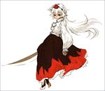  alternate_hair_length alternate_hairstyle animal_ears barefoot barefoot_sandals hat inubashiri_momiji long_hair long_skirt sketch skirt solo sun-3 sword tokin_hat touhou weapon white_hair wolf_ears 