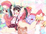  aqua_hair bad_id bad_pixiv_id bakemonogatari bandages black_hair blush fang food hachikuji_mayoi hairband hat inuneko monogatari_(series) multiple_girls pocky ponytail red_eyes ribbon sengoku_nadeko stuffed_animal stuffed_toy 