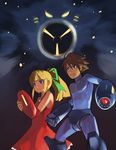  1girl airman android arm_cannon blonde_hair blue_bodysuit blue_eyes bodysuit cowboy_shot full_body glowing light machinery ponytail rockman rockman_(character) rockman_(classic) roll shihou short_hair standing weapon 