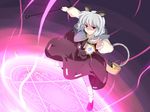  animal_ears basket batsu bishamonten's_pagoda dowsing_rod fighting_stance glowing grey_hair highres jewelry magic_circle mouse mouse_ears mouse_tail nazrin pendant red_eyes short_hair solo tail touhou 