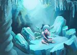  barefoot blue_dress blue_eyes blue_hair bow cave cirno commentary dress eating faux_traditional_media food hair_bow highres ice ice_cream ice_wings looking_down puffy_short_sleeves puffy_sleeves reddizen ribbon short_hair short_sleeves sitting solo spoon stalactite touhou wings 