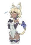  animal_ears bare_shoulders bell bell_collar black_gloves blonde_hair blush bow breasts cat_ears cat_tail collar dark_skin elbow_gloves garter_straps gloves jingle_bell kakiman leotard looking_at_viewer open_mouth original short_hair simple_background small_breasts solo tail tail_bow thighhighs white_background wrist_cuffs yellow_eyes 