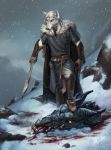 anthro armor blood canine cloak clothing death decapitation dragon fur kahito_slydeft_(artist) leather leather_armor male mammal melee_weapon mountain snow solo sword weapon white_fur wolf 