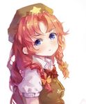 :&lt; beret black_bow blue_eyes bow braid chinese_clothes collared_shirt green_hat hair_bow hat hong_meiling long_hair looking_at_viewer puffy_short_sleeves puffy_sleeves red_hair shirt short_sleeves solo star touhou twin_braids white_background yellow_bow yuer_(miyuexinling) 