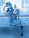  4_toes 5_fingers anthro araivis-edelveys bare_back blue_eyes blue_fur blue_hair breasts camel_toe canine digitigrade dog eyelashes female fur grey_nose hair husky mammal open_mouth partially_submerged pawpads side_boob smile teeth toes tongue water 