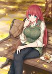  alternate_costume aran_sweater bad_id bad_pixiv_id bag blue_eyes blush braid breasts casual coffee_cup contemporary crossed_legs cup denim disposable_cup food ginkgo hamburger handbag highres holding hong_meiling jeans jewelry large_breasts long_hair no_hat no_headwear pants red_hair ring saraso-ju sitting_on_bench sleeves_rolled_up smile solo sweater sweater_vest touhou tree twin_braids watch wristwatch 