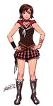  belt brown_hair choker final_fantasy final_fantasy_xv full_body hands_on_hips highres hood hoodie iris_amicitia jewelry looking_at_viewer necklace plaid plaid_skirt robert_porter short_hair sketch skirt sleeveless smile solo 