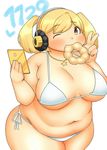  1girl bikini blonde_hair breasts fat food fusa_(starless2323) headphones large_breasts looking_at_viewer navel nitroplus one_eye_closed orange_eyes plump smile solo super_pochaco swimsuit thick_thighs wide_hips 