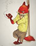  2016 against_wall anthro canine cigarette clothed clothing collar disney fox fur green_eyes hi_res leaning leaning_back male mammal monoflax nick_wilde shock_collar simple_background smoking solo standing white_background zistopia zootopia 