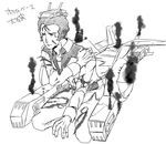  bright_noa gloves greyscale gundam kantai_collection kneeling looking_away male_focus mantis0 mecha_danshi military military_uniform mobile_suit_gundam monochrome parody simple_background sketch smoke solo torn_clothes translated uniform white_background white_base 