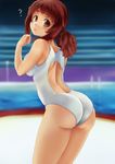  ? ass breasts brown_eyes brown_hair commentary_request keijo!!!!!!!! keijo_land_field large_breasts one-piece_swimsuit pool shinba_(sunko1044) short_twintails solo swimsuit toyoguchi_non twintails 