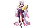  breasts cleavage fan flower flower_knight_girl full_body gekkabijin_(flower_knight_girl) hair_flower hair_ornament japanese_clothes large_breasts lavender_hair long_hair looking_at_viewer purple_eyes sandals solo standing tabi transparent_background utsurogi_akira wide_sleeves 