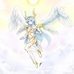 angel blue_eyes blue_hair cloud four_goddesses_online:_cyber_dimension_neptune halo highres isaki_tanaka kiseijou_rei kiseijou_rei_(goddess_form) multiple_wings neptune_(series) solo traditional_media wings 