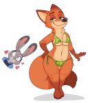  2018 acstlu anthro bedroom_eyes big_breasts bikini blush breasts camel_toe canine cleavage clothed clothing crossgender disney edit female fluffy fluffy_tail fox half-closed_eyes judy_hopps lagomorph mammal navel nick_wilde rabbit seductive simple_background smile swimsuit under_boob wide_hips zootopia 