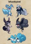  blitzdrachin blue_eyes blue_fur chibi dark_fur feral fluffy fluffy_tail fur lagomorph long_ears mammal rabbit raunikayle red_eyes species_sheet white_fur yellow_eyes 