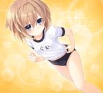  :&lt; alternate_costume blanc blue_eyes blush brown_hair buruma buruma_pull game_cg gym_uniform highres looking_at_viewer name_tag neptune_(series) official_art short_hair shorts solo tsunako 