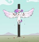  2016 blood cloud coinpo crucifixion crying equine feathered_wings feathers female feral flurry_heart_(mlp) friendship_is_magic fur hair hi_res horn mammal multicolored_hair my_little_pony nail outside sky solo spread_wings tears tongue tongue_out torture white_fur winged_unicorn wings young 