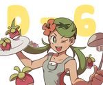  ;d bounsweet countdown dark_skin flower gen_7_pokemon green_eyes green_hair hair_flower hair_ornament holding holding_plate ladle long_hair mao_(pokemon) one_eye_closed open_mouth overalls plate pokemon pokemon_(creature) pokemon_(game) pokemon_sm simple_background smile solo ssalbulre tray trial_captain twintails upper_body white_background 