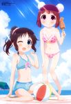  ;d absurdres antenna_hair ball barefoot beach beachball bikini bikini_shorts blush breasts cleavage cloud cloudy_sky collarbone day fuda_yumine furukawa_hideki hair_ornament hair_scrunchie highres honda_tamaki ikayaki light_rays looking_at_viewer multiple_girls navel ocean official_art one_eye_closed open_mouth outdoors polka_dot polka_dot_bikini ponytail scrunchie short_hair shorts sitting sky small_breasts smile standing stella_no_mahou sunbeam sunlight swimsuit water wet wet_hair 