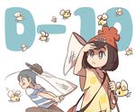 1girl :q backpack bag bangs baseball_cap beanie black_hair black_hat blue_eyes butterfly_net capri_pants countdown cutiefly floral_print gen_7_pokemon hand_net hat mizuki_(pokemon) pants pokemon pokemon_(creature) pokemon_(game) pokemon_sm red_hat shirt short_hair simple_background ssalbulre striped striped_shirt swept_bangs t-shirt tied_shirt tongue tongue_out white_background wide_sleeves you_(pokemon) 