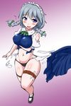  1girl blue_eyes blush body_blush braid breasts curvy d: grey_hair izayoi_sakuya knife large_breasts maid_headdress mary_janes navel nisshisshi open_mouth shirt shoes skirt socks solo thick_thighs thigh_strap thighs torn_clothes torn_shirt torn_skirt touhou twin_braids wide_hips 