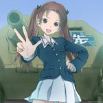  akagi_(fmttps) artist_name bad_id bad_pixiv_id bow brown_eyes brown_hair day emblem girls_und_panzer ground_vehicle hair_bow hand_on_hip head_tilt jagdpanzer_38(t) kadotani_anzu long_hair looking_at_viewer military military_uniform military_vehicle motor_vehicle ooarai_(emblem) ooarai_military_uniform open_mouth pose signature sketch sky smile solo tank tank_destroyer twintails uniform v 