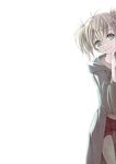 blonde_hair cal_devens choro green_eyes hiding highres looking_at_viewer phantom_of_inferno red_shorts short_hair short_shorts shorts simple_background smile solo twintails white_background 