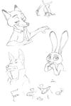  2016 akiric anthro black_and_white canine clothed clothing disney dog female fox group half-closed_eyes judy_hopps lagomorph male mammal monochrome nick_wilde rabbit simple_background sketch sketch_page white_background zootopia 