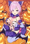  animal_ears bare_shoulders bat blue_legwear blush breast_hold breast_squeeze breasts dangerous_beast elbow_gloves fate/grand_order fate_(series) fur-trimmed_gloves fur_trim gloves halloween halloween_costume highres large_breasts looking_at_viewer mash_kyrielight pumpkin purple_eyes purple_gloves purple_hair purple_legwear revealing_clothes ribbon short_hair solo sound_tamashi tail tail_ribbon thighhighs wolf_ears wolf_tail 