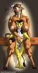  anthro areola balls big_breasts bovine breasts cat cattle claws cuprohastes duo erection feline female hair horn huge_breasts larger_female male mammal muscular muscular_female nipples nude penis ribbons sitting size_difference smaller_male smile toe_claws whiskers 