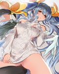  bare_shoulders blue_hair bottomless covering covering_breasts detached_sleeves dizzy guilty_gear guilty_gear_xrd hair_ribbon long_hair long_sleeves looking_at_viewer lying oro_(sumakaita) red_eyes ribbon sleeves_past_wrists solo sweater tail tail_ribbon twintails very_long_hair wings 