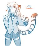  2016 aisaka_taiga anthro bow_tie clothed clothing crossover feline female flora_(twokinds) fur hair keidran legwear looking_at_viewer mammal pleated_skirt school_uniform shirt simple_background sketch skirt smile solo standing stripes text tom_fischbach toradora! twokinds uniform white_background 