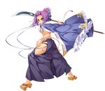  absurdres blush breasts chouryou_(shia) feet full_body green_eyes hakama haori highres hip_vent holding holding_weapon japanese_clothes katagiri_hinata koihime_musou large_breasts looking_at_viewer looking_back naginata no_socks polearm purple_hair sandals sarashi solo standing transparent_background weapon 