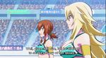  4girls animated animated_gif ass blonde_hair brown_hair fuyuzora_akari fuyuzora_kaho hip_attack keijo!!!!!!!! kusakai_mio multiple_girls purple_hair subtitled swimsuit water 