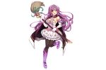  blush bow breasts broom cape cleavage dress earrings elbow_gloves flower_knight_girl frills full_body gloves green_eyes heather_(flower_knight_girl) high_heels jewelry large_breasts looking_at_viewer open_mouth pantyhose purple_hair short_dress smile solo tiara transparent_background utsurogi_akira 