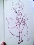  2016 anthro beach black_and_white breasts canine clothed clothing cute drawing female fox fur furgazmo hair looking_at_viewer mammal monochrome nipples nude panties seaside shorts simple_background sketch sketchbook slightly_chubby smile solo topless traditional_media_(artwork) underwear 