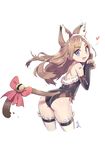  animal_ears ass bare_shoulders bell black_gloves blue_eyes blush bow brown_hair cat_ears cat_tail elbow_gloves fingerless_gloves gloves heart jingle_bell kakiman leotard long_hair looking_at_viewer open_mouth original paw_pose simple_background slit_pupils solo tail tail_bell tail_bow thighhighs white_background white_legwear 