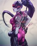  ass back backless_outfit bodysuit breasts gun head_mounted_display large_breasts long_hair overwatch pink_bodysuit ponytail purple_hair purple_skin reza_kabir rifle skin_tight smile solo very_long_hair weapon widowmaker_(overwatch) yellow_eyes 